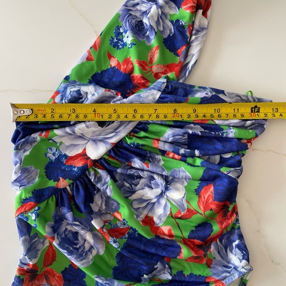 ZARA One Sleeve Blue & Green Floral Asymmetrical Bodysuit Size Small NWT - Picture 8 of 9